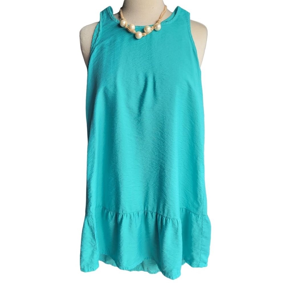 Mange Basics Womans Turquoise Scoop Neckline sleeveless Ruffle Dress Size 2
